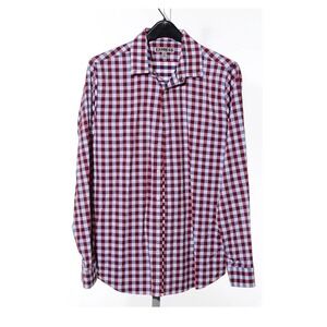 Express Mens Extra Slim Fit Plaid Button Down Shirt Red Navy Blue Medium 15-15.5